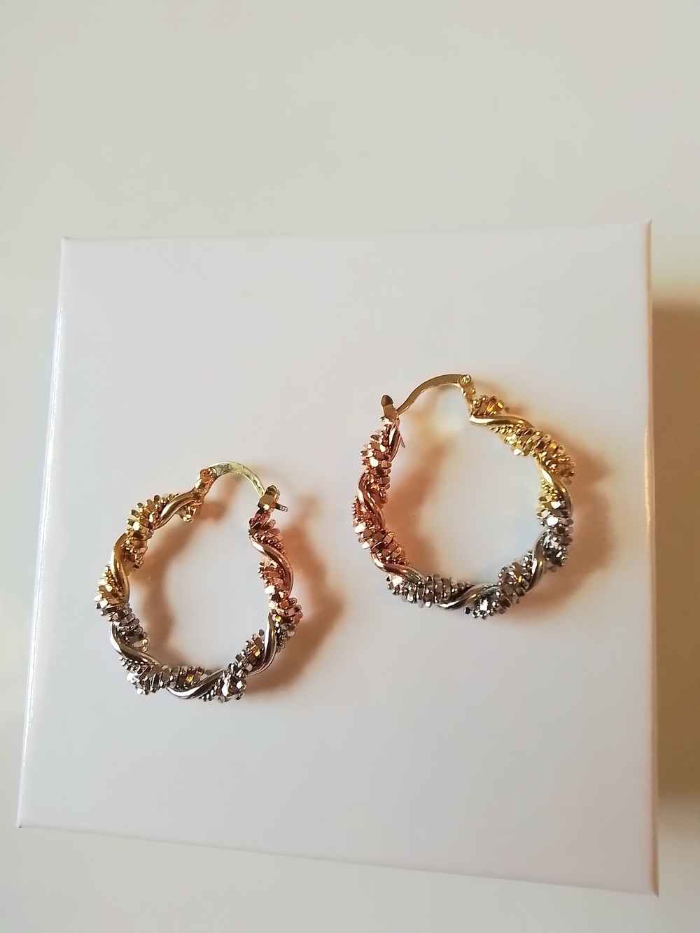 Tri-Tone Twist Hoop Earrings - Gold, Rose & White Gold Plated - Picture 3 of 4